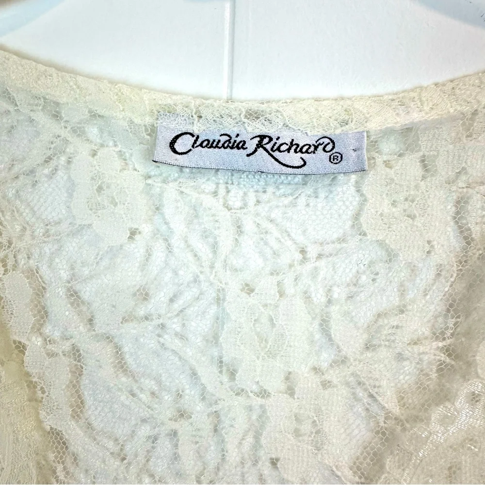 Claudia Richard Sheer Lace Fitted Button Front Short Sleeve Top Women’s Size L - Picture 7 of 9